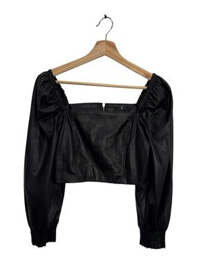 NWT 7 For All Mankind Faux Leather Puff Sleeve Crop Top Black S Vegan Leather